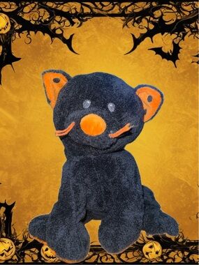 Ty Pluffies Halloween Cat TRICKERY  Black  Orange Polka Dot Ears Paws 2008 Tylux